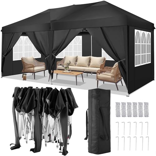 COBIZI Tenda dobrável de 3 x 6, canteiros para jardim com 4 painéis laterais, tenda impermeável exterior de altura regulável, tendas para exteriores, praia, casamento, campismo, preto