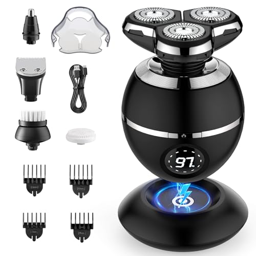 ETENTOUS Máquina de barbear cabeça de homem, 3D máquina de barbear elétrica homem -3 em 1 máquina de barbear a cabeça húmida e seca barbear cabeça rosto - IPX7 impermeável rotativa aparador de barba