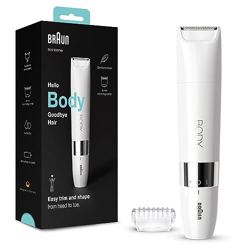 Braun Body máquina de barbear corporal unissexo, máquina de depilação mini para mulher e homem com pente de corte, remoção de precisão para inglês, axilas, peito, uso seco e molhado, BS1000, branco