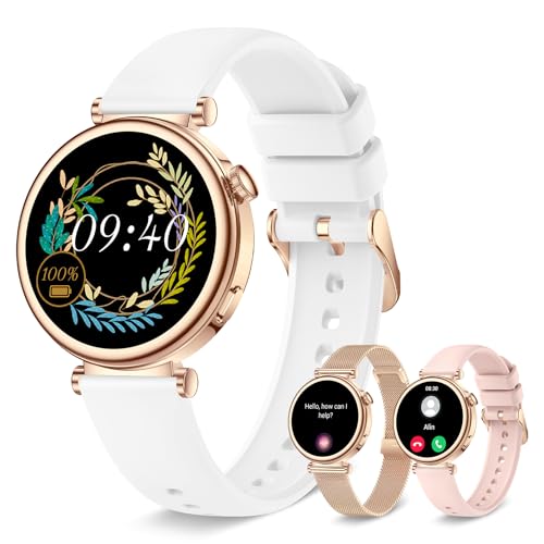 Relógio inteligente mulher pequena, Smartwatch mulher redondo 1,27" 41 mm com chamadas, 3 correias, pulseira atividade com 100 modos desportivos pulsómetro sonho conta passos para Android e iPhone,