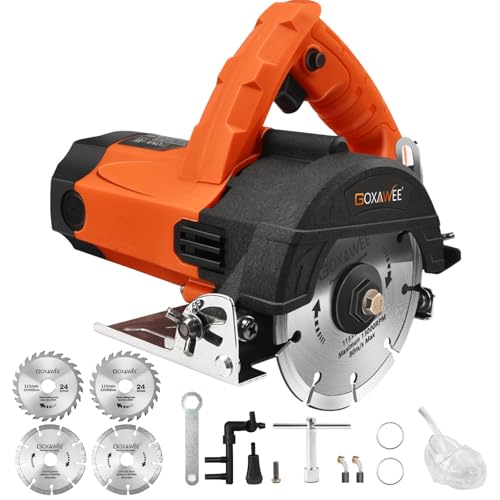 GOXAWEE Mini serra circular, 1800 W serra circular manual com 4 folhas de serra (115 mm), 12000 RPM, motor de cobre puro, profundidade máxima de corte 46 mm (90 °), 30 mm (45 °) para madeira, metal e