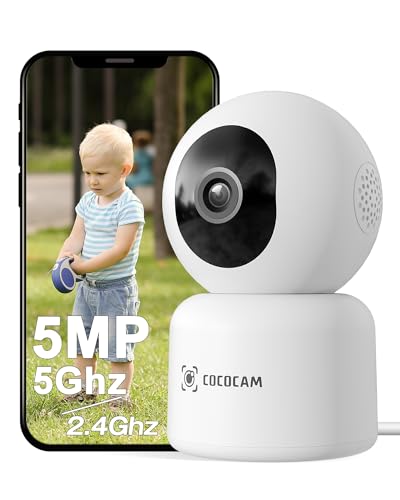 COCOCAM 5MP Câmara de vigilância WiFi interior, 2,4/5 GHz Wi-Fi para bebé/animais de estimação, 355 °P 90 °T, gravação de 24 horas, deteção de movimento AI, rastreamento automático, áudio