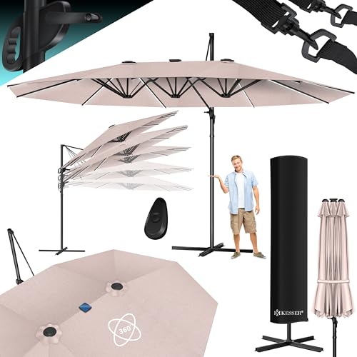 KESSER® Guarda-chuva, 4,6 m x 2,7 m, cobertura e proteção contra o vento, com manivela e suporte, alumínio, hidrofuga, inclinável, inclinável, ajustável a 360 °