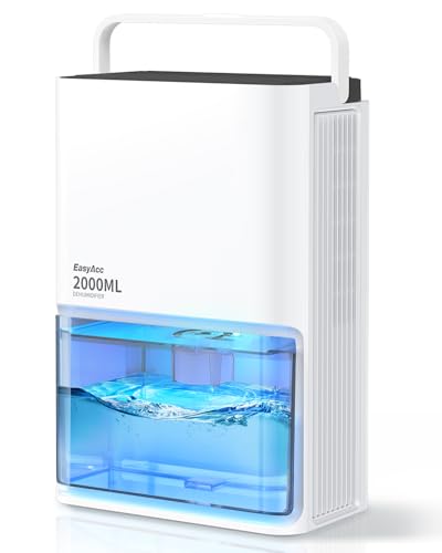 EasyAcc Deshumidificador 2000 ml, 3 modos desumidificadores de humidade elétrico silencioso (500 - 650 ml/D), 7 LED cores, desligamento automático, desumidificador portátil casa de banho, branco