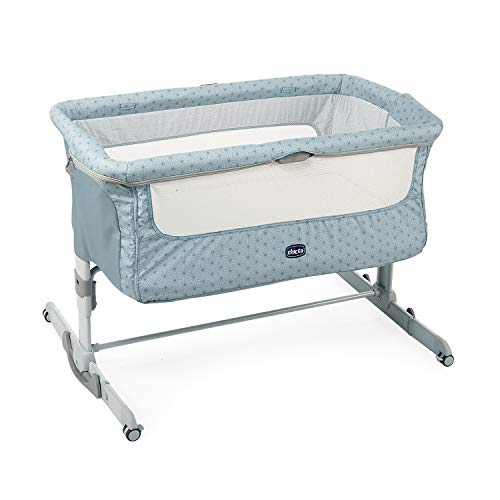 Chicco Next2Me Dream, berço de coleção para bebé, berço para recém-nascidos, com colchão, barra rebatível, altura regulável, 4 rodas e mala de viagem, 0-6 meses, 9 kg, azul claro