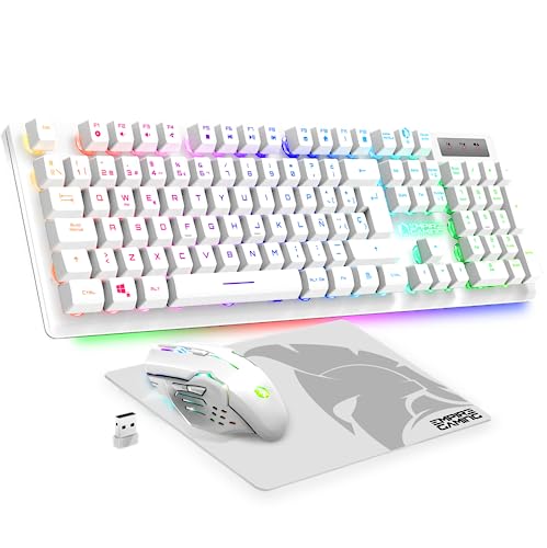 Empire Gaming - Armor RF800 Teclado e rato para Gamers sem fios recarregável QWERTY(Layout Espanhol) com Mouse Pad-RGB Wireless 2,4 Ghz Keyboard-4800 dpi Mouse-PC PS4 PS5 Xbox One/Series Mac -branco