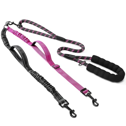 SlowTon Trela dupla para dois cães pequenos, trela dupla anti-embaraçada com rotação de 360° e 4 alças, super leve para cachorros de até 20 lbs, correia refletora ajustável com amortecedor de