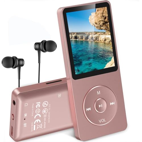 AGPTEK Leitor MP3 de 16 GB, ecrã de 1,8" com auriculares para leitor desportivo portátil, leitor de música som sem perdas, altifalante, rádio FM, vídeo, externo até 128 GB, rosa