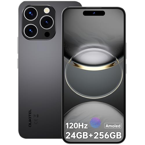 OUKITEL P1 Telemóvel Android 14, 24 GB (8 16)+256 GB/2TB telemóveis livres, ecrã AMOLED 6,7" 120 Hz FHD+ Smartphone, 5150 mAh bateria, câmara 50 MP+32 MP, 4G dupla SIM, rosto ID/NFC/GPS, preto