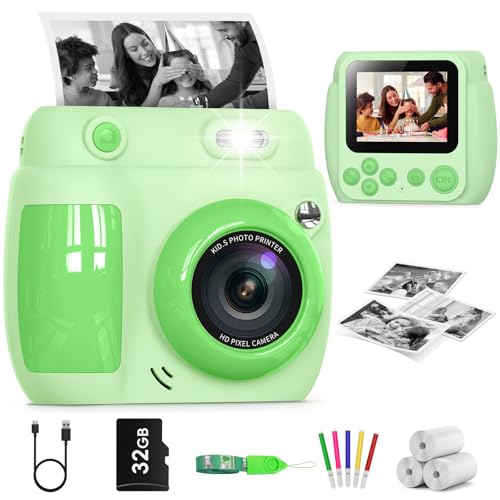 Gofunly Câmara com fotos infantis instantâneas, 2,4 polegadas 1080P HD câmara fotos infantis com cartão de 32 GB e papel fotográfico, brinquedo câmara instantânea presentes para meninos e meninas de