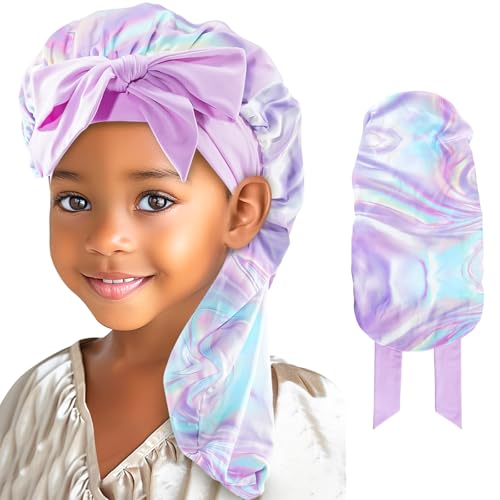 Lolalet Gorro para dormir para crianças, gorro de noite para cabelo comprido Bonnet de seda gorro ajustável suave com faixa elástica