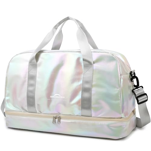 ZIOSINM Saco de viagem mulher com compartimento para sapatos, saco de desporto 40 l grande impermeável com compartimento para molhados, sacos de viagem, Branco, Mudança de cor Aurora Borealis