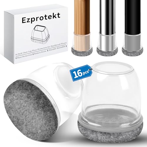 Ezprotekt Protetores de chão de silicone cinzento melhorados para pernas de cadeira, 28 - 33 mmTapas de silicone 16 P com feltro embrulhado, capas para pernas de cadeira, protetores de pés de cadeira