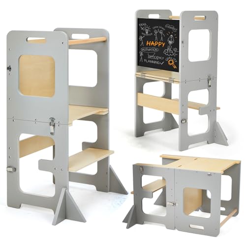 Labebe Torre de aprendizagem para crianças, Montessori Torre de aprendizagem infantil com ardósia, multifuncional 3 em 1 Learning Tower dobrável, torre de aprendizagem a partir de 1 ano (Grau)