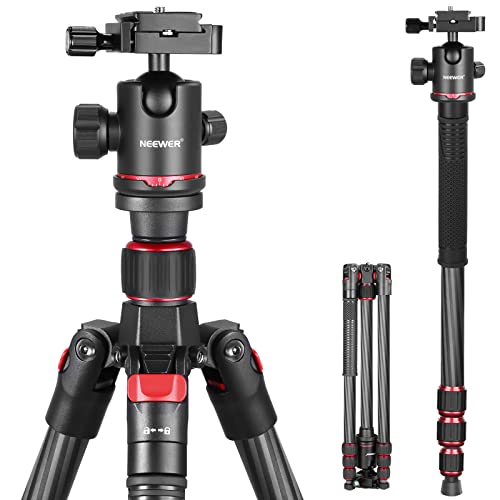 NEEWER 66"/168 cm tripé de fibra de carbono para câmara cabeça de bola panorâmica 360°, placa Arca QR 1/4", mala portátil, tripé viagem compacta câmara de vídeo DSLR, carga máxima 26,5 lb/12 kg, 45C