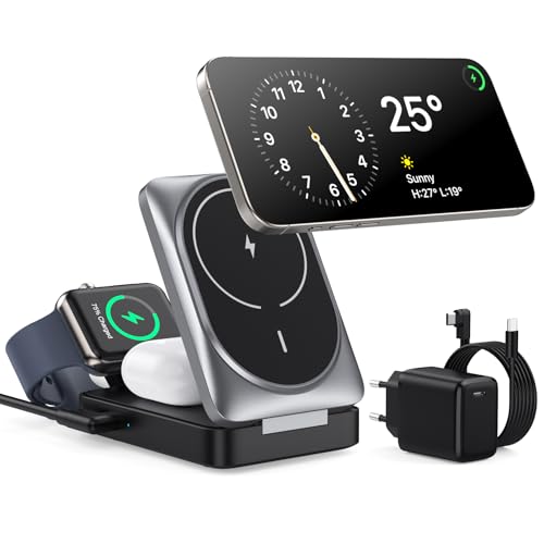NKVND Estação de carregamento sem fios 3 em 1 para mag-Safe, certificação Qi2 carregador magnético sem fios dobrável, suporte de carregamento de viagem mag-Safe para iPhone 16/15/14/13/12, AirPods
