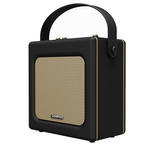 LONPOO Altifalante Bluetooth retro em imitação de pele com bateria, altifalante portátil de 20 W com reprodução USB, entrada auxiliar, conector de microfone de 6,5 mm, carregamento tipo C, cor preta