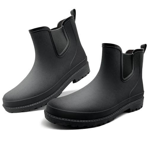 QeeFop Botas de borracha para homem, sapatos de segurança para homem, exteriores e antiderrapantes sapatos de trabalho ao ar livre (preto)