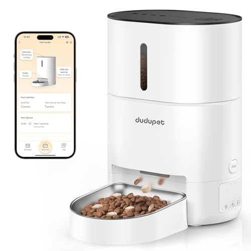 DUDUPET Alimentador automático de gato 4 L - alimentador automático gatos, 2,4 G controlo remoto de alimentação dupla, gravação de voz em 10 segundos, bola de aço inoxidável