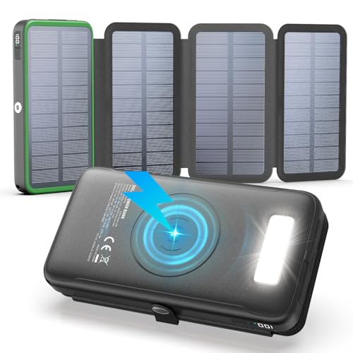 Carregador-Solar-Power-Bank-27000 mAh - 22,5 W carregamento rápido USB-C bateria externa sem fios com 3 saídas USB PD 4.0 QC 3.0 e 4 painéis solares para smartphones tablets (verde)