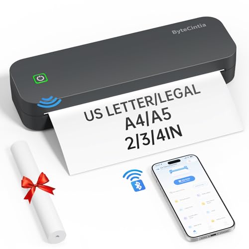 ByteCintia A4 Impressora portátil térmica, impressora de papel A4 Bluetooth para escritório móvel, compatível com telefones Android e iOS e computadores portáteis,