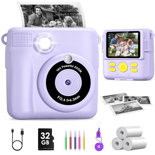 Câmara fotos infantis instantâneas, GREENKINDER câmara fotos infantis, 2,4" HD 1080P câmara instantânea para crianças com cartão de 32 GB, canetas coloridas e papel de impressão, presentes brinquedo