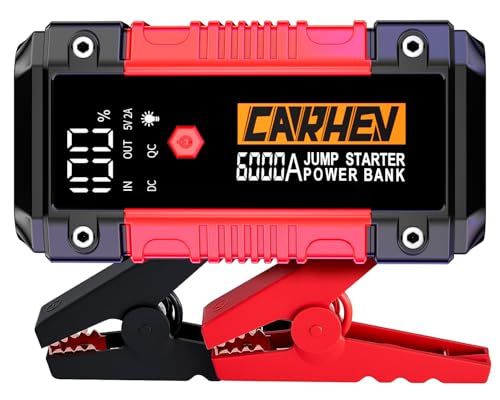 CARHEV Arrancador de carros 6000A, 26800 mAh iniciador de baterias de carros (para 10,0 l de gasolina ou 10,0 l de diesel) 12 V portátil Jump Starter com lanterna LED, clipes de segurança inteligentes