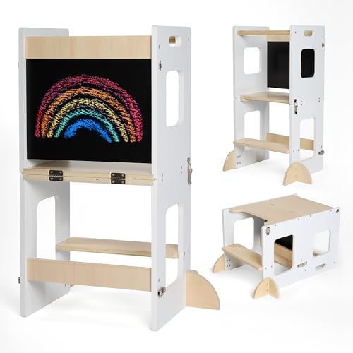KYWAI® Torre de aprendizagem dobrável Montessori - Torre de aprendizagem dobrável 3 em 1: Conversível em mesa com ardósia e pernas de segurança, madeira sustentável e design educativo reforçado