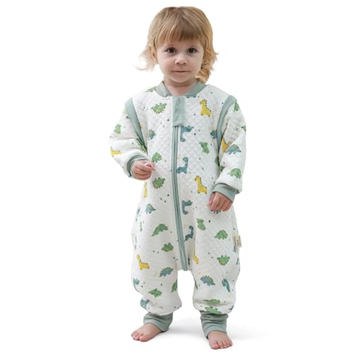MIKAFEN Saco de dormir para bebé com pés, 2,0 TOG, 100% algodão, saco de dormir para crianças durante todo o ano, com mangas removíveis, saco de dormir com cachos, dinossauro 4-5 anos
