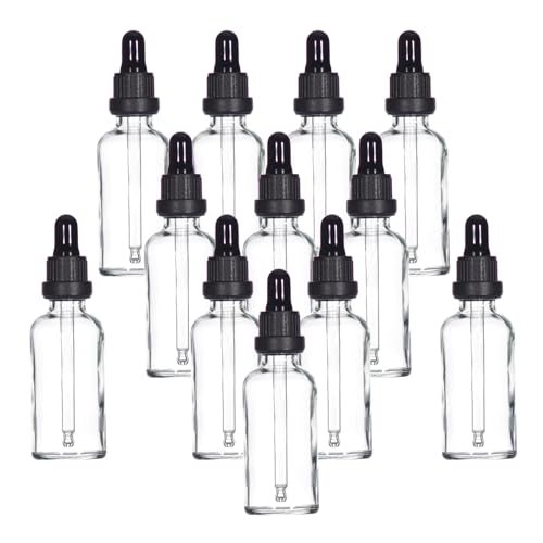 YIZHAO Transparente frasco conta-gotas de vidro 50 ml, com conta-gotas de vidro, para óleo essencial, laboratório, aromaterapia, fragrância, massagem, cosméticos, viagens, 12 unidades