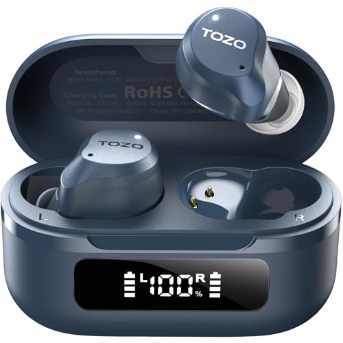 TOZO Hybrid Auriculares sem fios Bluetooth 5.3 com híbrido ANC 6 Mics ENC ORIGX 2.0 acústico EQs ajuste 59H reprodução LED ecrã USB tipo C IPX8 azul