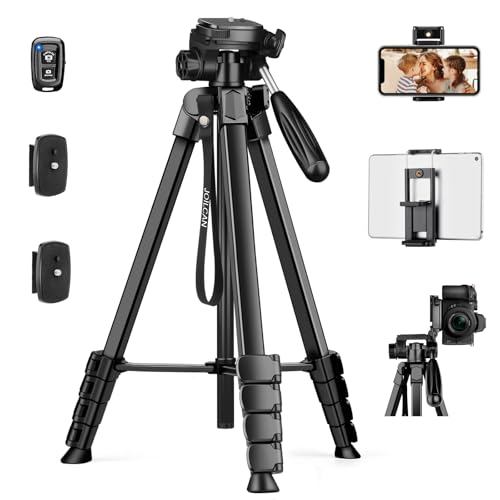 JOILCAN 173 cm Tripé de câmara, tripé leve para telemóvel, iPhone/iPad com cabeça giratória destacável de 360, portátil tripé para telefone com controlo remoto e suporte para telemóvel e tablet