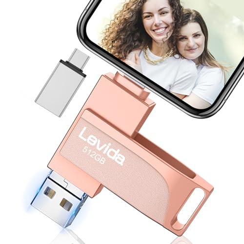 Pendrive 512 GB para Phone, Levida Pen Drive USB 4 em 1, memória externa USB 3.0, Photo Stick, Flash Drive USB Memory Stick para iOS, Android, smartphone, tablet, portátil, PC, foto/vídeo, rosa claro