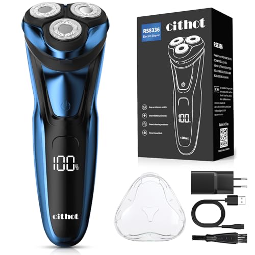 CITHOT Máquina de barbear homem em aço inoxidável impermeável IPX 7, máquina de barbear elétrica sem fio recarregável para homem, barbear a seco e húmido, aparador de barba com ecrã LCD, azul