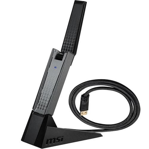 MSI AX1800 WiFi 6 Adaptador USB de banda dupla, WLAN até 1800 Mbps (5 GHz, 2,4 GHz sem fio), USB 3,2 gerações 1 tipo-A, MU-MIMO, antena ajustável, beamforming, WPA3 - suporte com comando Cable