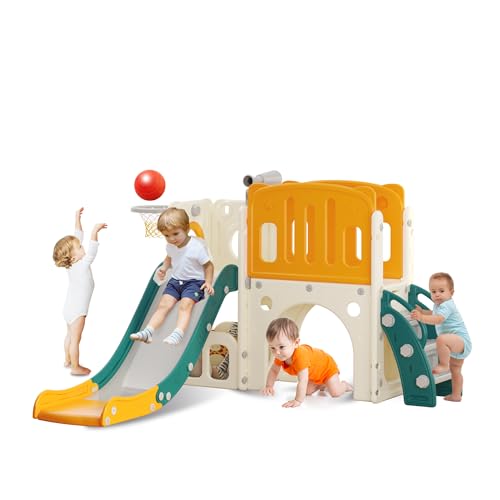 hoopyosms Escorrega para crianças pequenas com escada, aro de basquetebol e túnel, conjunto de escorrega infantil de plástico para interiores, brinquedos para pátio de jogos Montessori, verde