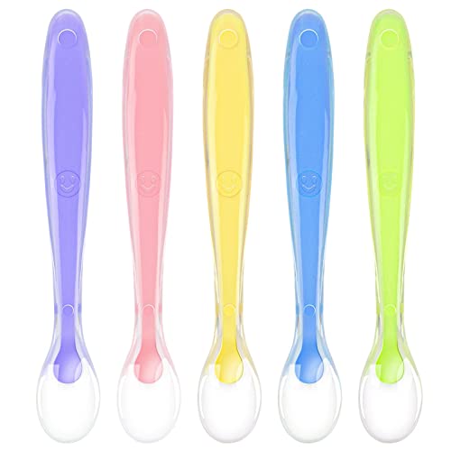 Vicloon Colheres de aprendizagem para bebé, 5 peças, silicone macio, colher de ponta de alimentação para incentivar a comida de forma independente
