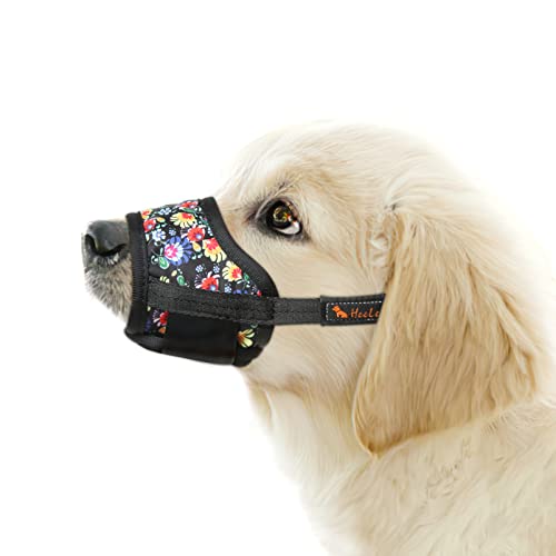 HEELE Bozal para cães grandes açaimes cão anti-mordida com bolinhos para cão macio ajustáveis com estampado bonito corte de unhas e colírio, flores pretas, L