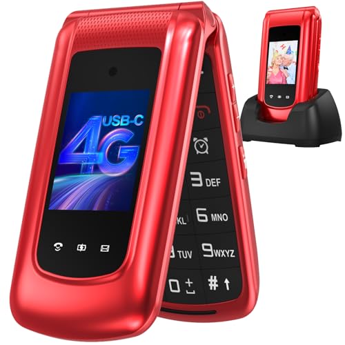CHAKEYAKE 4G Telefone móvel para idosos livre com teclas grandes, duplo SIM ecrã LCD, telemóvel idosos com botão SOS, cabo USB C | bateria 1000 mAh | Base carregadora, vermelho
