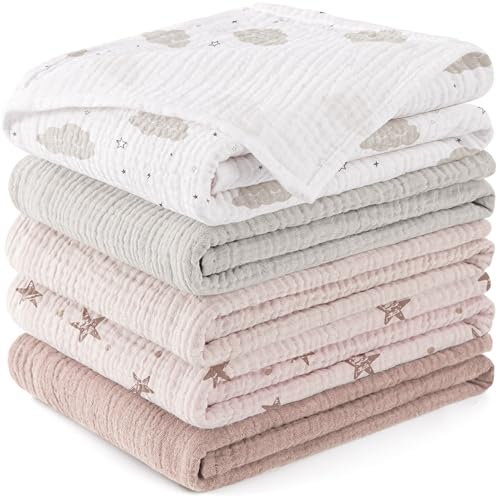 Susurration 100% muselinas bebé algodão, 60 x 60, embalagem com 5 unidades muselinas de algodão para bebés recém-nascidos, toalha, absorvente de gaze de grão para recém-nascidos (pentagrama rosa)