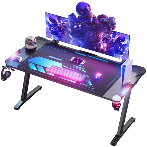 Himimi Mesa de jogo, mesa de jogos ergonómica, mesa gamer de fibra de carbono, mesa de jogo com tapete de rato, porta-copos e gancho para auriculares e LED, preto (160 x 70 x 80 cm)