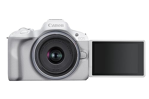 Canon EOS R50 Câmara Mirrorless lente RF-S 18-45 mm F4,5-6,3 IS STM, câmara móvel APS-C (24,2 MP) -4 EV, vídeo 4K 30 fps, duplo Pixel CMOS AF II, ecrã tátil L Ângulo V Ariável, branco