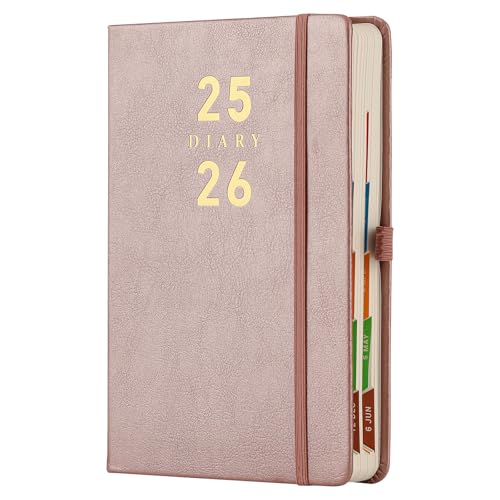Mljtoyo Agenda 2025-2026 A5, organizador diário 2025-2026, página por dia, pestanas laterais coloridas, agenda de meio ano de capa dura, suporte para canetas, (ouro rosa, A5)
