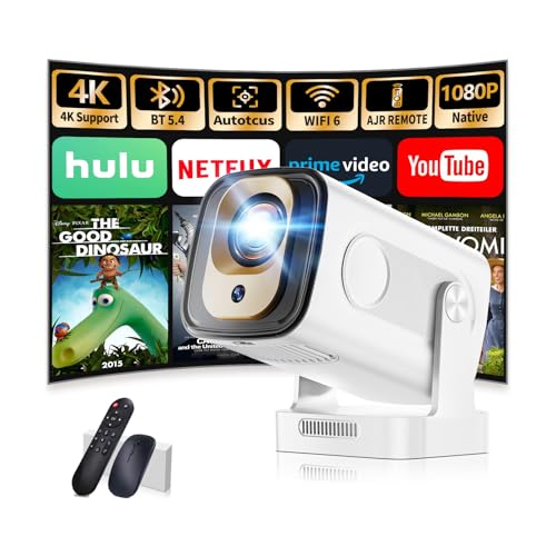 Mini projetor de vídeo, projetor portátil com WiFi 6 e BT 5.4, 1080P Full HD projetor 4K, projetor inteligente com função de foco automático e correção trapezoidal, para TV Stick/USB/HDMI/PC/Laptop