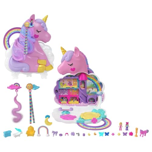 Polly Pocket Salão de beleza unicórnio arco-íris conjunto de jogo e busto para pentear, minibrinquedos, 2 bonecas, mais de 20 acessórios e funções com movimento, HMX18