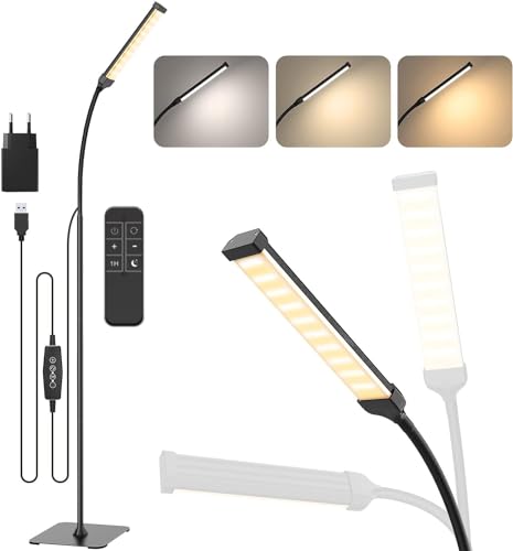 iFalarila Candeeiro de pé 120 LED 10 W com controlo remoto, candeeiro de pé com 3 cores e 10 brilhos, candeeiro de pé flexível com pescoço de cisne para sala de estar, quarto, escritório (preto)