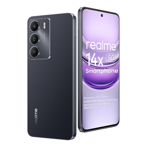 realme Smartphone 14 x 5G, 8 + 256 GB, chipset Dimensity 6300 5G, câmara 50 MP autofoco, ecrã 120 Hz 6,67 polegadas, bateria de 5000 mAh, NFC, suporte para cartão micro-SD, preto