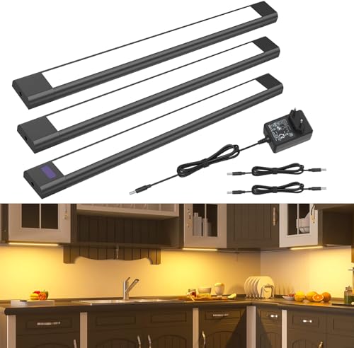 WOBANE Cozinha LED sob móveis, 3 * 30 cm regulável luz de armário com sensor sem contacto, luzes de cozinha debaixo móvel com tomada, luz LED autocolante para armário, estanteria, branco quente 2700