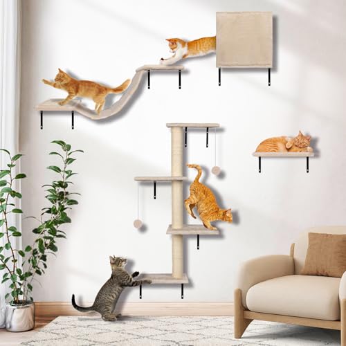 Myiosus Parede de escalada para gatos - conjunto de móveis de parede de 4 peças para gatos com rede, gruta, ponte, poste raspador de sisal e plataformas, prateleiras de parede para gatos até 10 kg