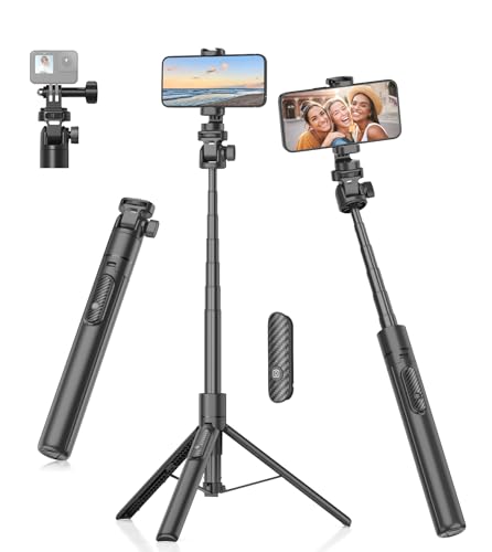 Gahenwo 155 cm Selfie, monopé/tripé para telemóvel para câmara de ação, tudo em um tripé telefone com controlo remoto, tripé de viagem compacto portátil compatível com iPhone/Android